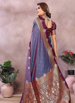 Slate Grey Color Zari weaving Kalamkari Silk Saree 4