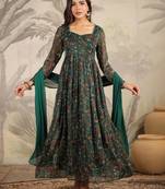 women's dark green chiffon floral printed anarkali kurta with dupatta set
