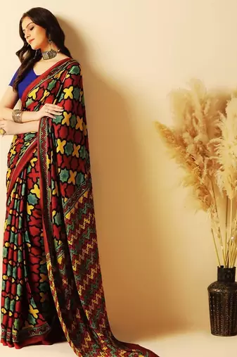 Multicolor block printed silk saree
