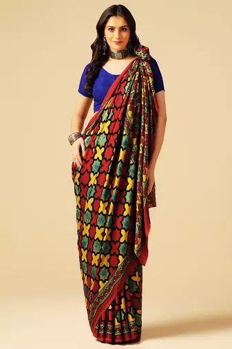 Multicolor block printed silk saree