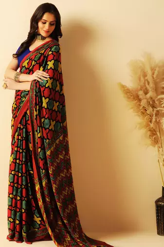 Multicolor block printed silk saree