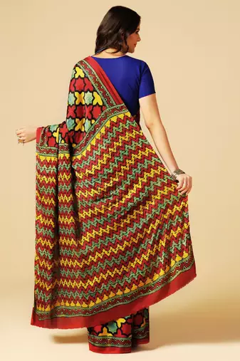 Multicolor block printed silk saree