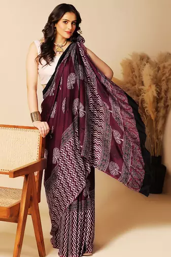 Purple floral printed silk saree