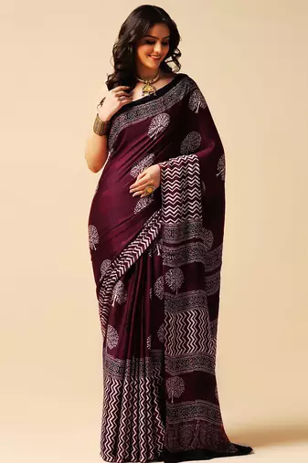 Purple floral printed silk saree