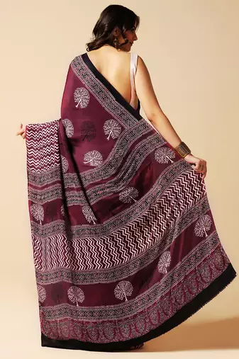 Purple floral printed silk saree