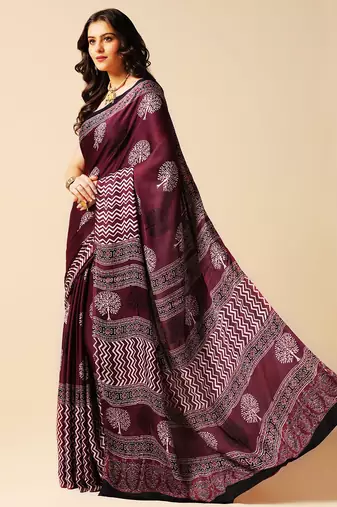 Purple floral printed silk saree
