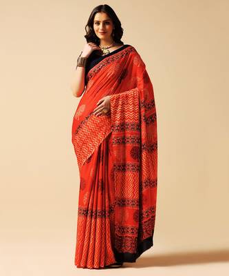 Orange floral printed silk saree 1