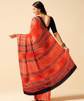 Orange floral printed silk saree 2