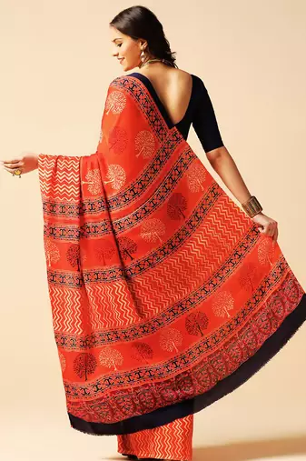 Orange floral printed silk saree