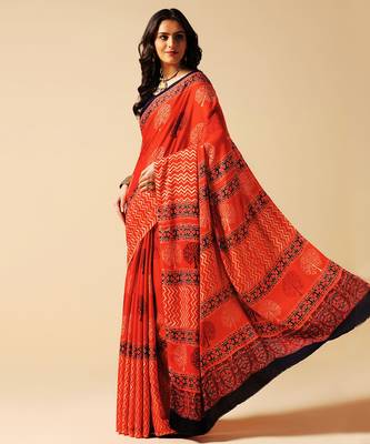 Orange floral printed silk saree 3