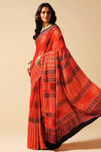 Orange floral printed silk saree