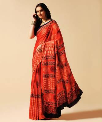 Orange floral printed silk saree 4