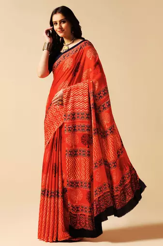 Orange floral printed silk saree