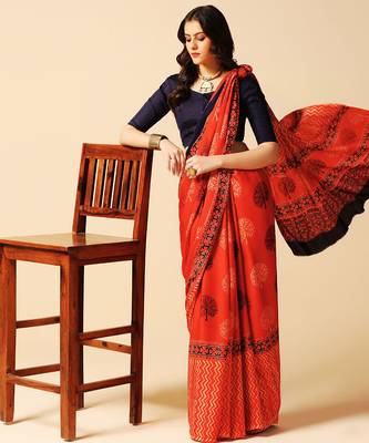 Orange floral printed silk saree 5