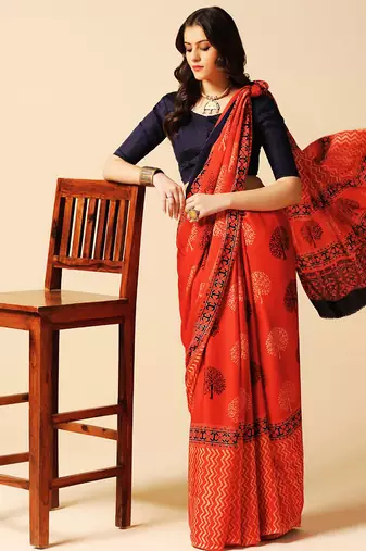 Orange floral printed silk saree