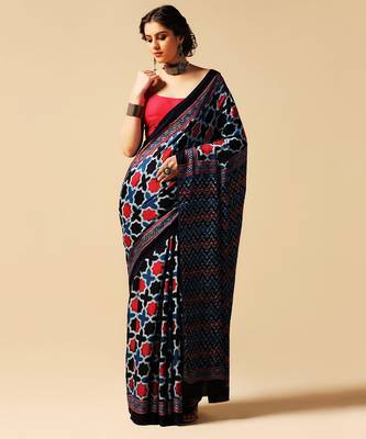 Blue geometric printed silk saree 1