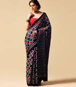 Blue geometric printed silk saree