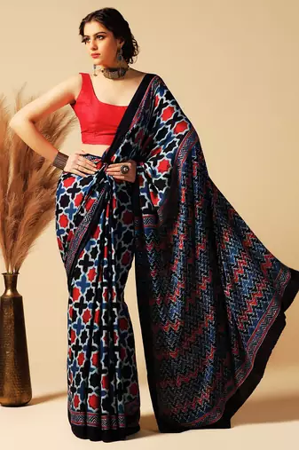 Blue geometric printed silk saree