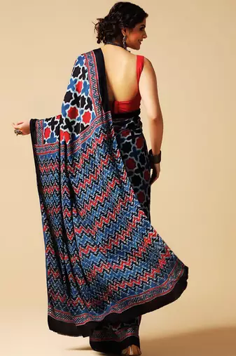 Blue geometric printed silk saree
