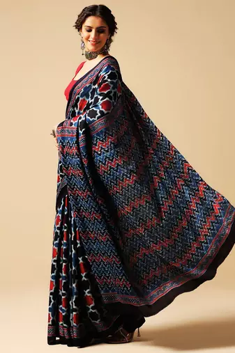 Blue geometric printed silk saree