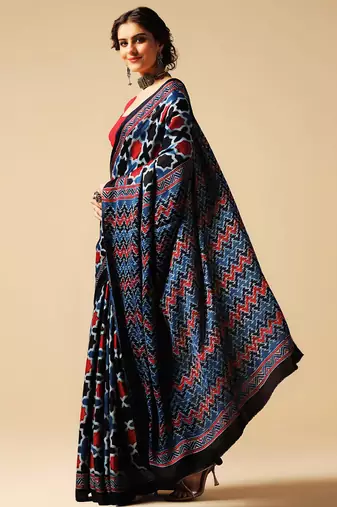 Blue geometric printed silk saree