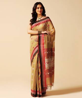 Beige hand woven cotton saree 1