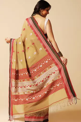 Beige hand woven cotton saree