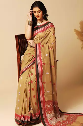 Beige hand woven cotton saree