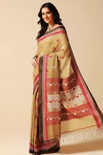 Beige hand woven cotton saree