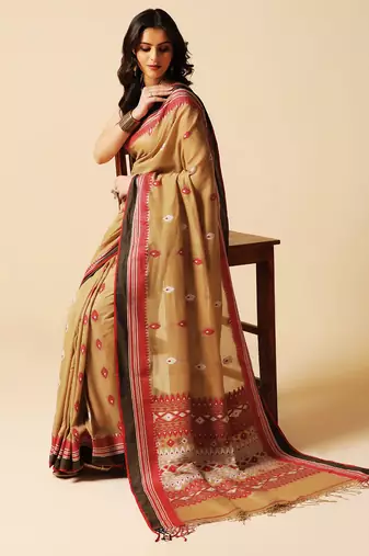 Beige hand woven cotton saree