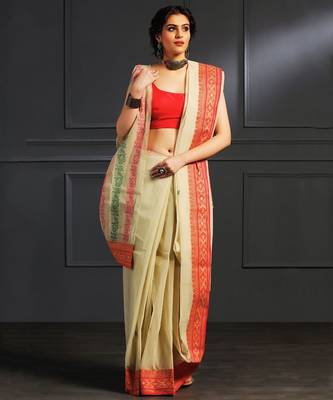 Beige hand woven cotton saree 1