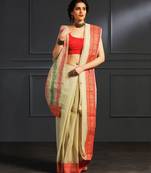 Beige hand woven cotton saree