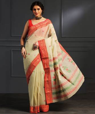 Beige hand woven cotton saree 2