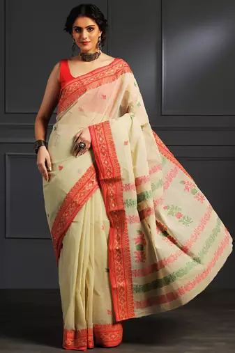 Beige hand woven cotton saree