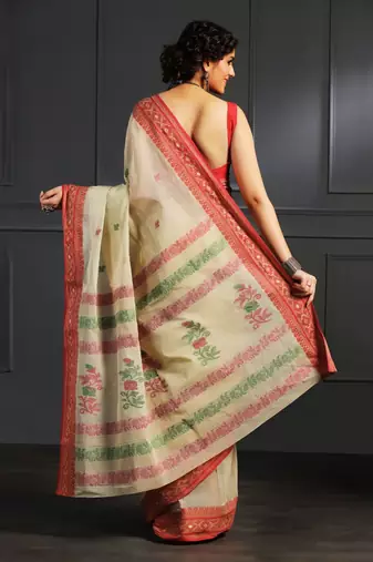 Beige hand woven cotton saree