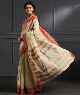 Beige hand woven cotton saree 4