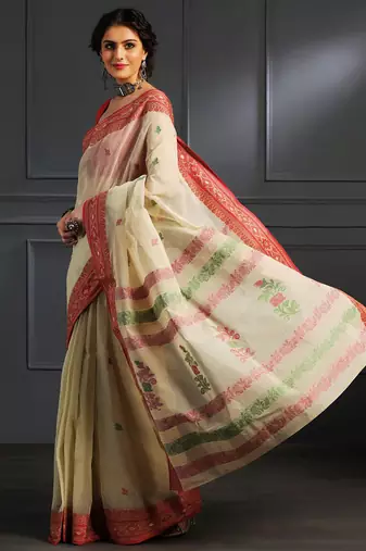 Beige hand woven cotton saree