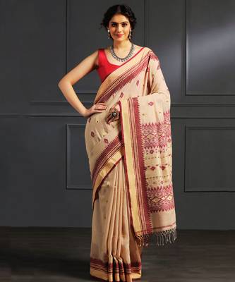 Beige hand woven cotton saree 1