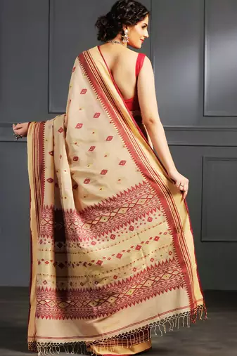 Beige hand woven cotton saree