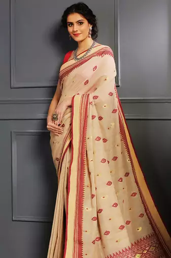 Beige hand woven cotton saree