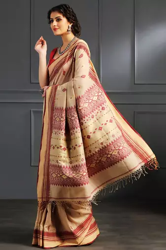 Beige hand woven cotton saree