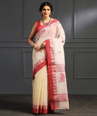 White hand woven cotton saree 1