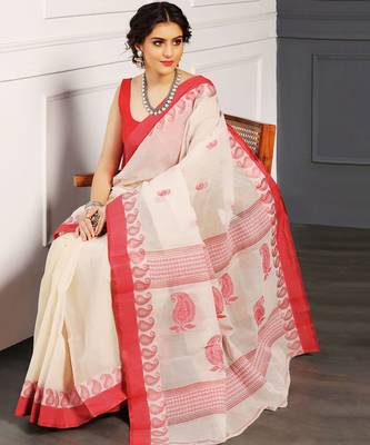 White hand woven cotton saree 2