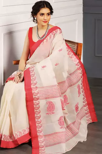 White hand woven cotton saree