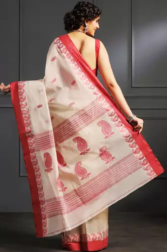 White hand woven cotton saree