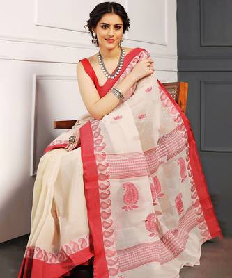White hand woven cotton saree 4
