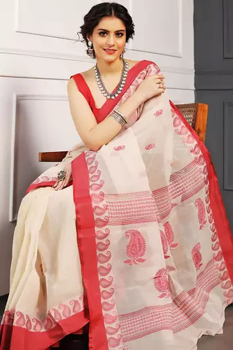 White hand woven cotton saree