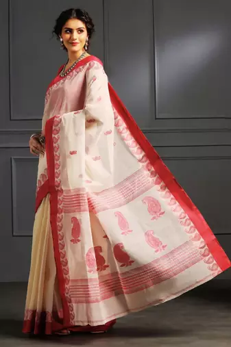 White hand woven cotton saree