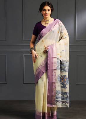 Off white hand woven cotton saree 1