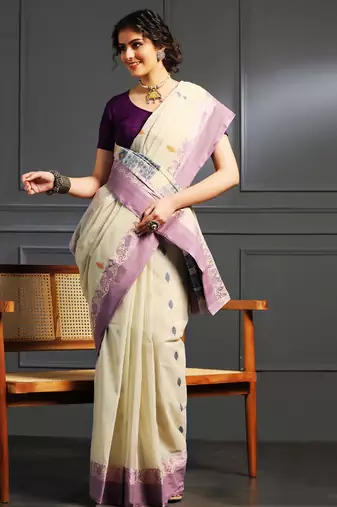 Off white hand woven cotton saree